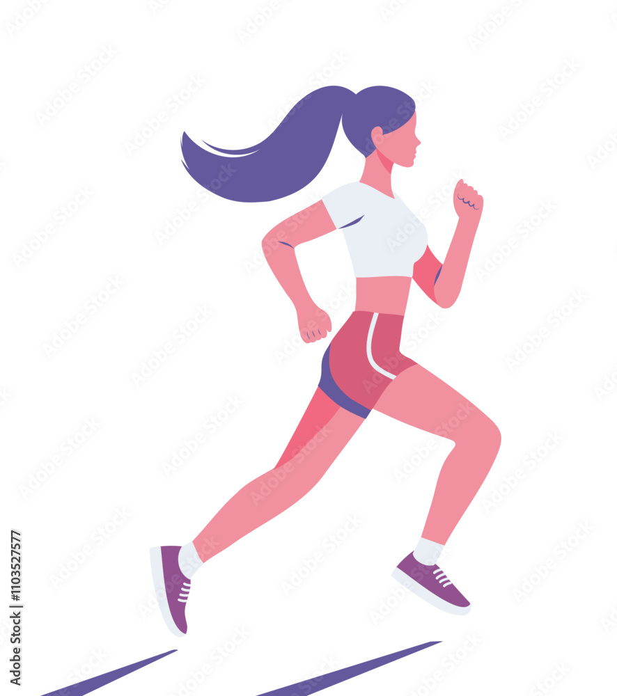 Fototapeta premium Vector illustration woman girl runs, participation in competitions, marathon. Woman runs outdoors on a white background. Suitable for any health projects, mobile applications, websites, advertising