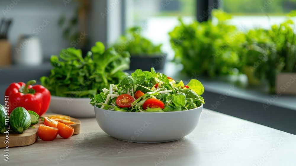 Fresh Green Salad with Colorful Vegetables on a Kitchen Table Fresh Green Salad with Colorful Vegetables on a Kitchen Table