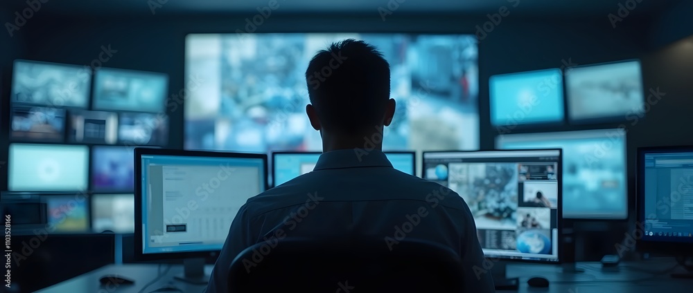 Man Monitoring Multiple Screens in Control Room – Concept of Technology and Surveillance Man Monitoring Multiple Screens in Control Room – Concept of Technology and Surveillance