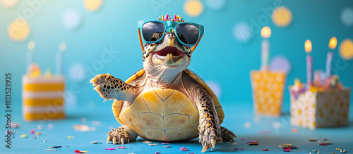 A cheerful turtle sporting shades, celebrating a birthday on a blue backdrop
