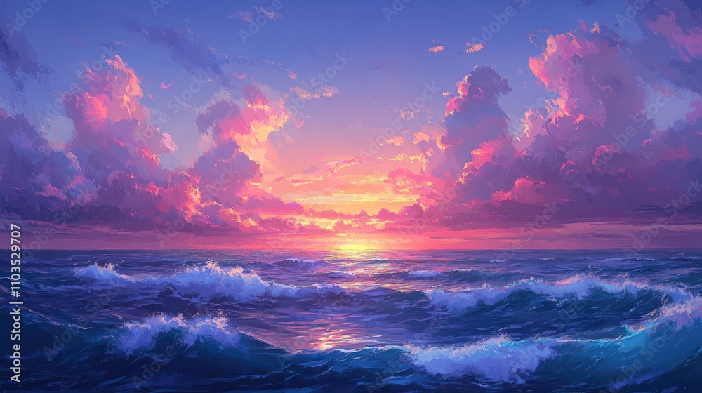 Vibrant Sunset Over Calm Ocean Waves with Colorful Clouds Vibrant Sunset Over Calm Ocean Waves with Colorful Clouds