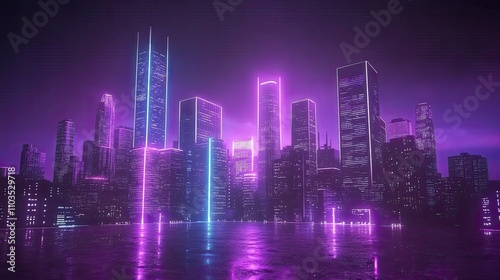 Neon Cityscape at Night with Futuristic Buildings and Reflections