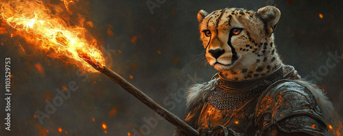 A cheetah in knightly armor with a flaming spear