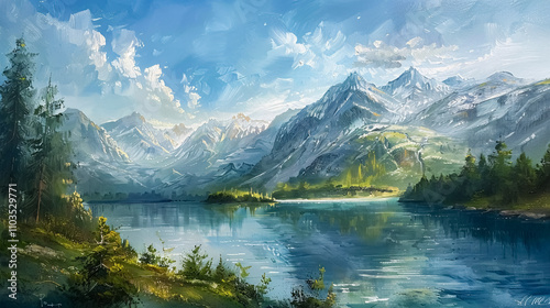 Painting of a mountain lake with a mountain background.