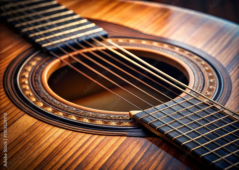 Detailed Macro Shot of Acoustic Guitar Fretboard with Strings, Sound Hole and Rosette, Captured in 4K Quality for Stunning Visual Appeal in Fashion Photography Detailed Macro Shot of Acoustic Guitar Fretboard with Strings, Sound Hole and Rosette, Captured in 4K Quality for Stunning Visual Appeal in Fashion Photography
