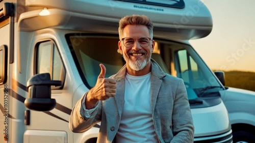 A man in a grey jacket gives a thumbs up in front of a large RV.