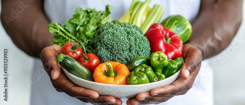 Fresh Organic Vegetables in Bowl Held by Hands of Black Person