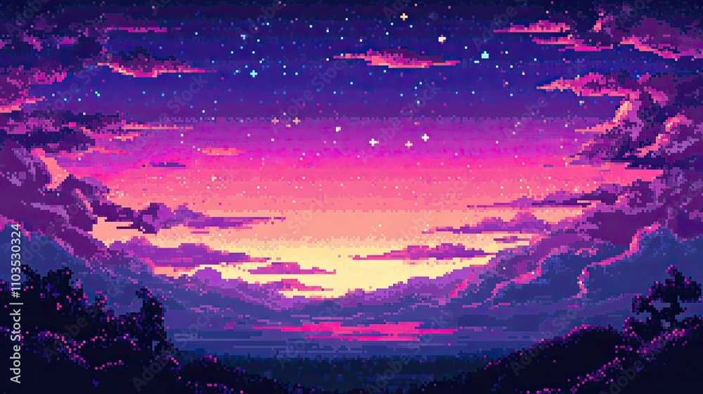 Enchanting Pixel Art Sunset Over Serene Horizon with Vibrant Colors Enchanting Pixel Art Sunset Over Serene Horizon with Vibrant Colors