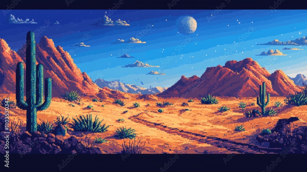 Fototapeta premium Vibrant Desert Landscape with Cacti and Starry Night Sky