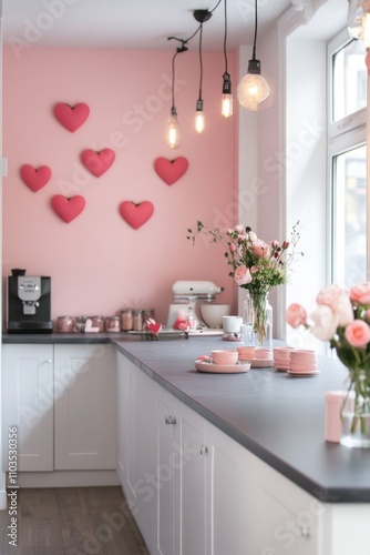 valentine day decorated kitchen. ai generated photo
