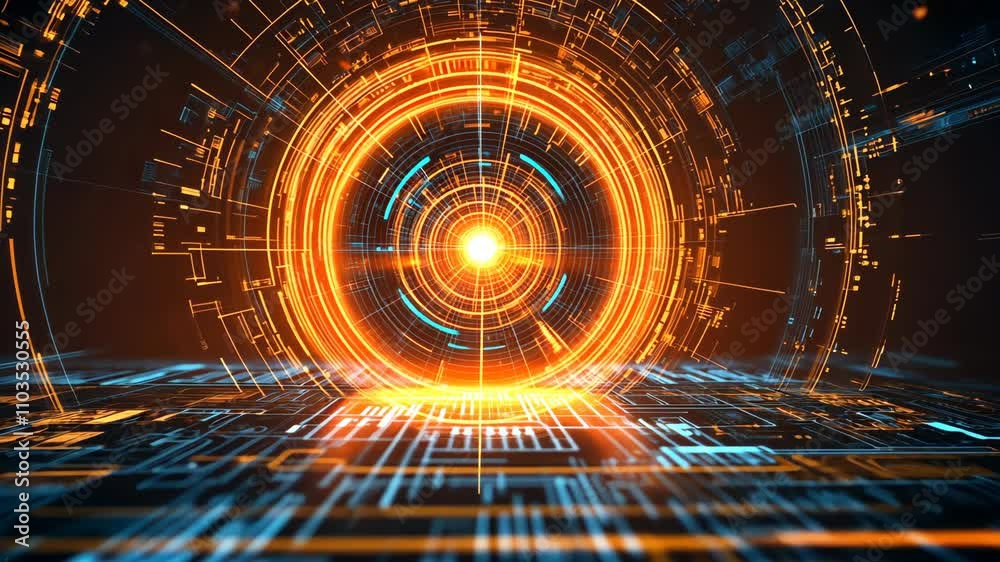 Futuristic glowing orange portal emitting light beams illuminating a digital cyberspace floor