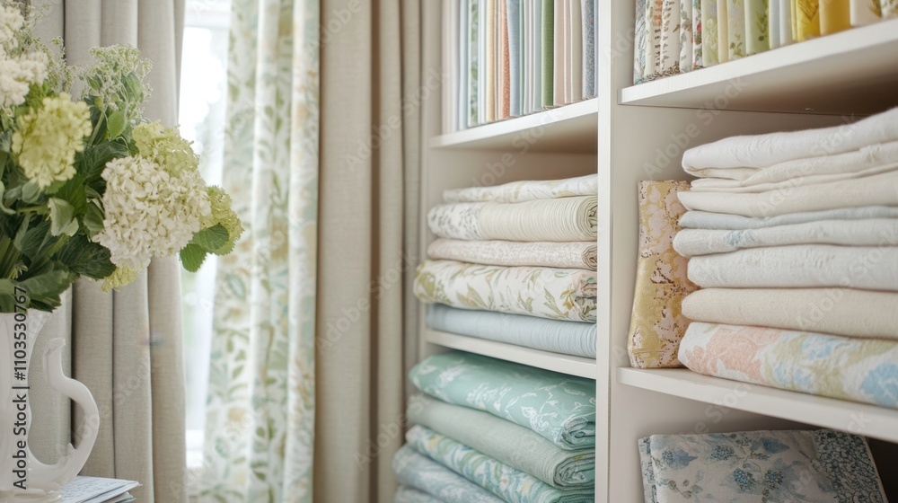 A sleek, high-end boutique featuring designer fabrics and elegant textile arrangements. A sleek, high-end boutique featuring designer fabrics and elegant textile arrangements.