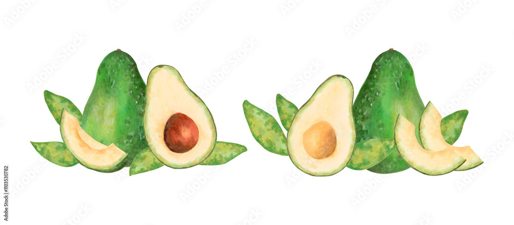 Fruit composition with whole, half and slice of avocado with leaves. Watercolor and marker illustration. Hand drawn isolated clipart. Botanical vegetable sketch for food packaging, juice or book Fruit composition with whole, half and slice of avocado with leaves. Watercolor and marker illustration. Hand drawn isolated clipart. Botanical vegetable sketch for food packaging, juice or book