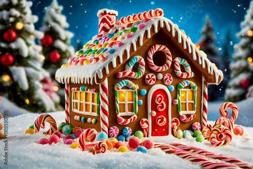 A whimsical gingerbread house surrounded by candy canes, gumdrop pathways, and snow-like frosting, with children decorating it. photo