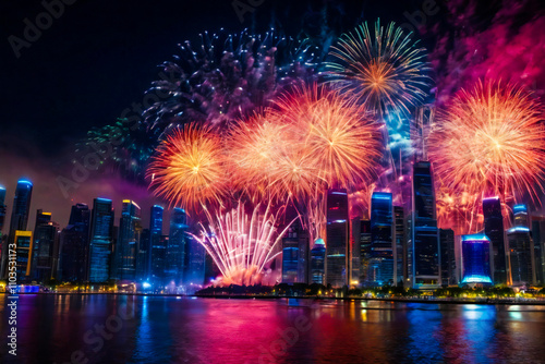 A vibrant night skyline of a modern city with spectacular fireworks lighting up the sky, celebrating the arrival of 2025.