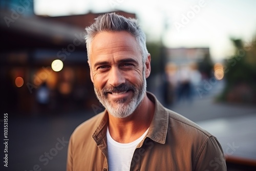 Portrait of a handsome mature man smiling at the camera in the city