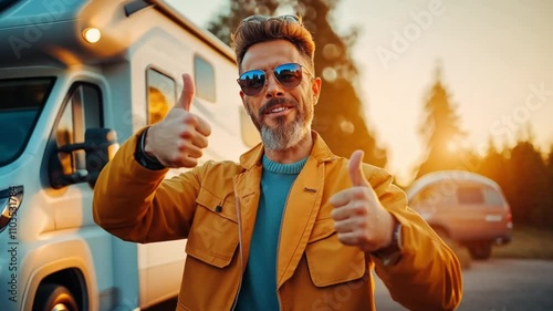 A man in sunglasses gives a thumbs-up in front of a motorhome.