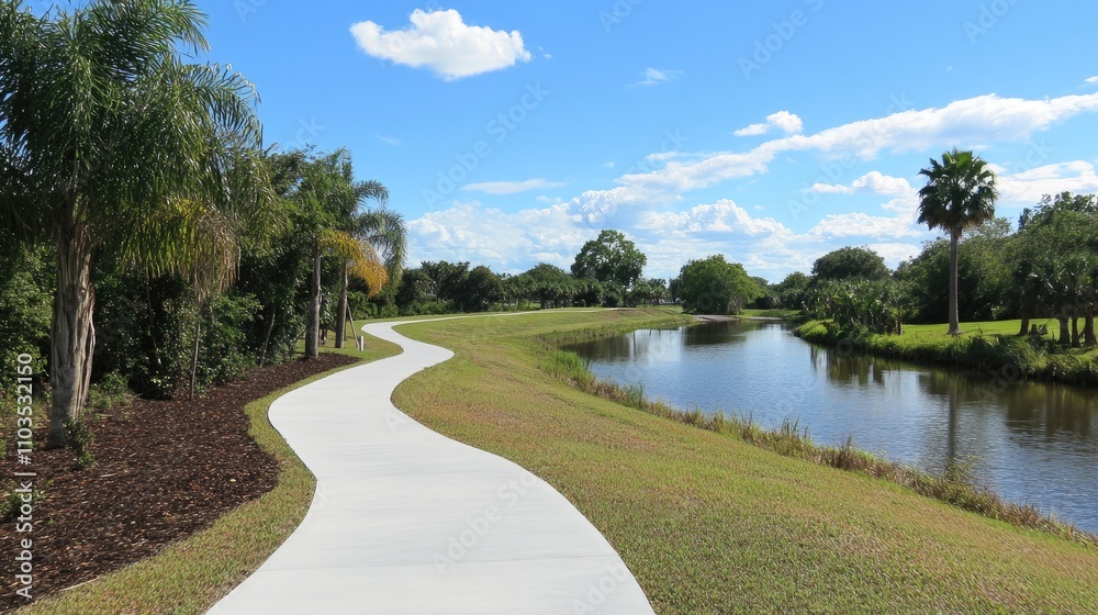 Serene Pathway Along Calm River Under Bright Blue Sky Serene Pathway Along Calm River Under Bright Blue Sky