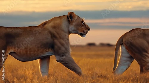 a pair of lions in the field