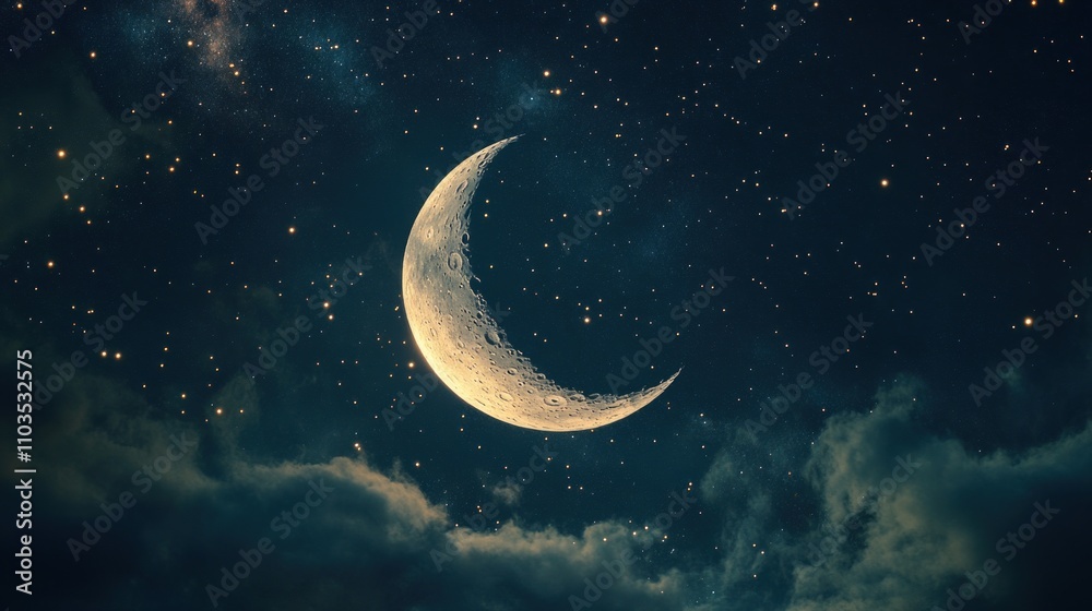 Fototapeta premium Gazing upon the heavens, one finds a tranquil crescent moon cradled among a myriad of stars. The night's embrace is cool and dark, yet the celestial bodies cast a soft, enchanting glow