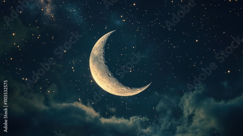 Gazing upon the heavens, one finds a tranquil crescent moon cradled among a myriad of stars. The night's embrace is cool and dark, yet the celestial bodies cast a soft, enchanting glow