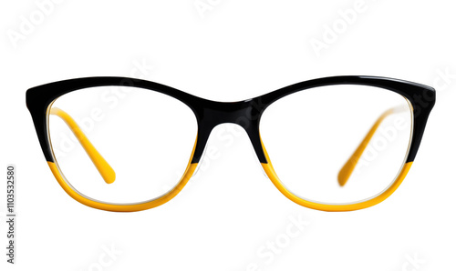 Stylish black and yellow eyeglasses with unique design, featuring bold frames and clear lenses, perfect for fashion-forward individuals., isolated on transparent background, png photo