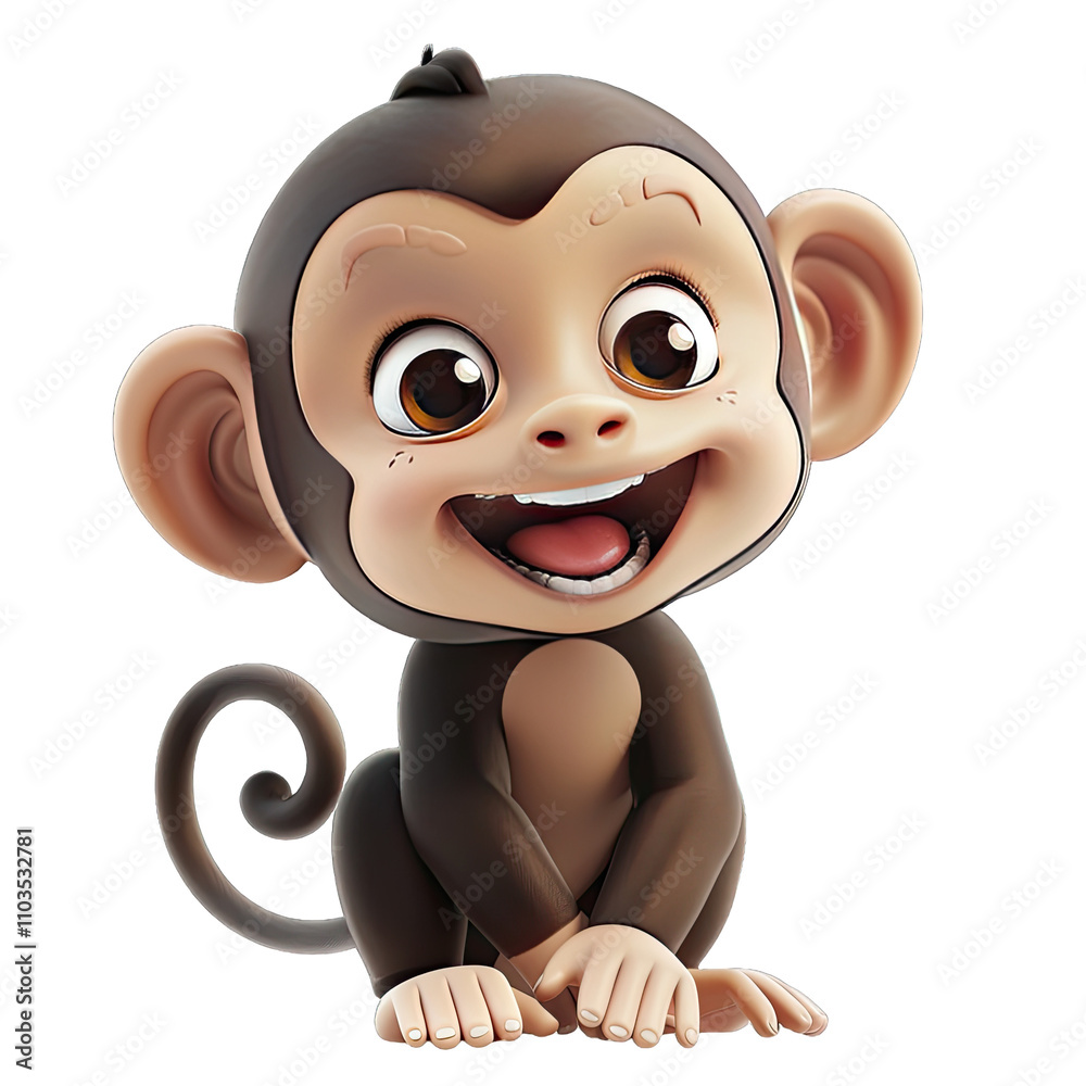 Naklejka premium Cute Cartoon Monkey Smiling, Brown Fur, Big Eyes, Happy Expression, 3D Render, Playful, White Background