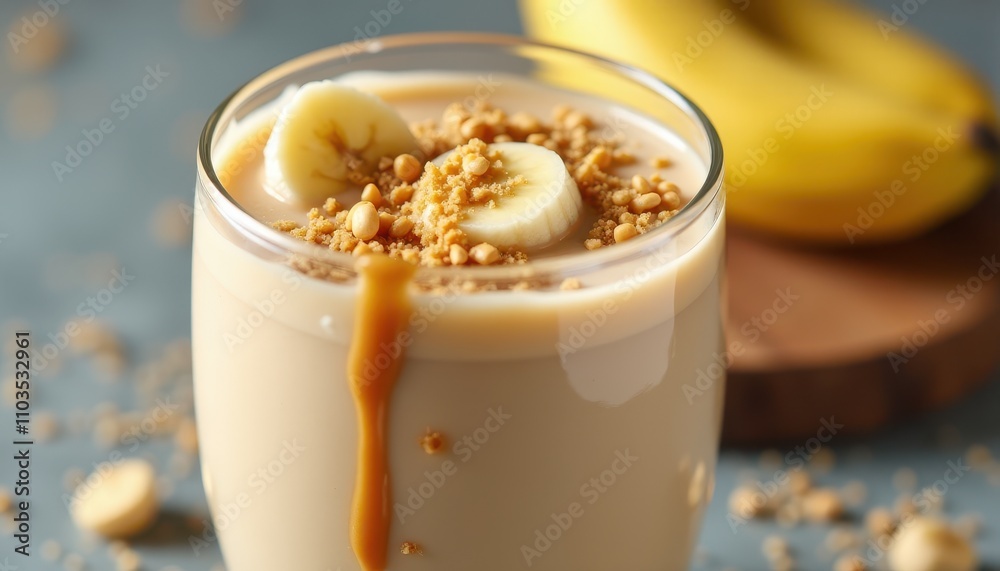 Banana smoothie topped with crushed peanuts and cereal sits in a glass, with a whole banana in the background, creating a nutritious and delicious visual Banana smoothie topped with crushed peanuts and cereal sits in a glass, with a whole banana in the background, creating a nutritious and delicious visual