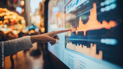 A stock market concept with a businessperson pointing at glowing trend lines on a screen.