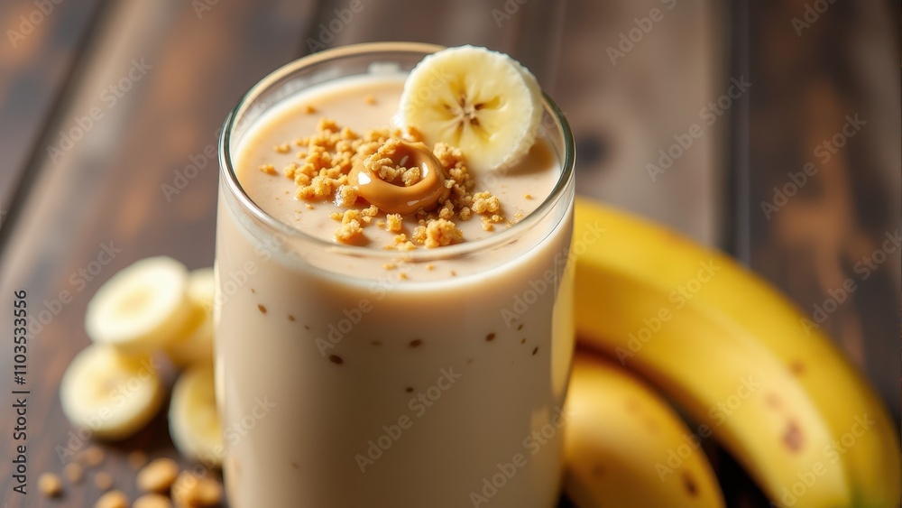 Creamy banana smoothie in a glass topped with crumbled peanuts and banana slice, surrounded by fresh bananas on a rustic wooden table Creamy banana smoothie in a glass topped with crumbled peanuts and banana slice, surrounded by fresh bananas on a rustic wooden table