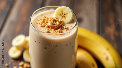 Creamy banana smoothie in a glass topped with crumbled peanuts and banana slice, surrounded by fresh bananas on a rustic wooden table