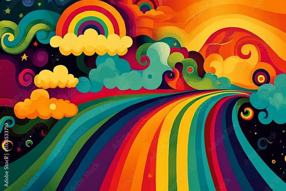 An explosion of color depicting a whimsical sky filled with multiple rainbows. An explosion of color depicting a whimsical sky filled with multiple rainbows.