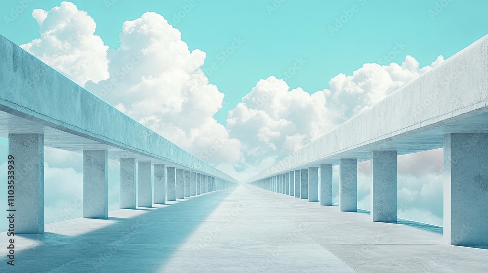Obraz premium Dreamy Pathway Through Clouds with Concrete Elements and Sky