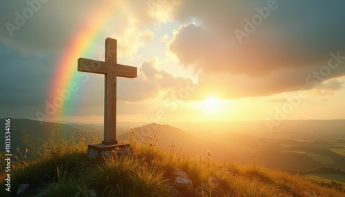 Easter cross with rainbow backdrop and sunrise symbolizing resurrection concept
