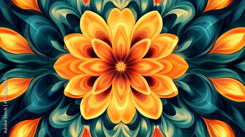 A colorful flower with a yellow center and blue and green petals A colorful flower with a yellow center and blue and green petals