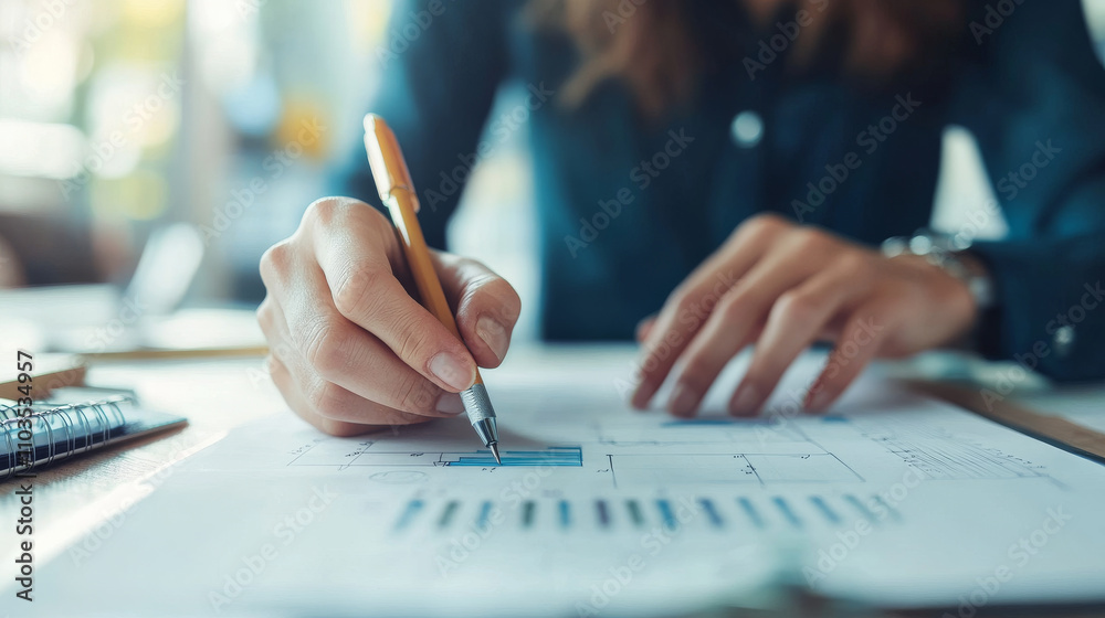 Person sketching blueprint, representing planning and design work, with focus on details and creativity. workspace is organized and bright Person sketching blueprint, representing planning and design work, with focus on details and creativity. workspace is organized and bright