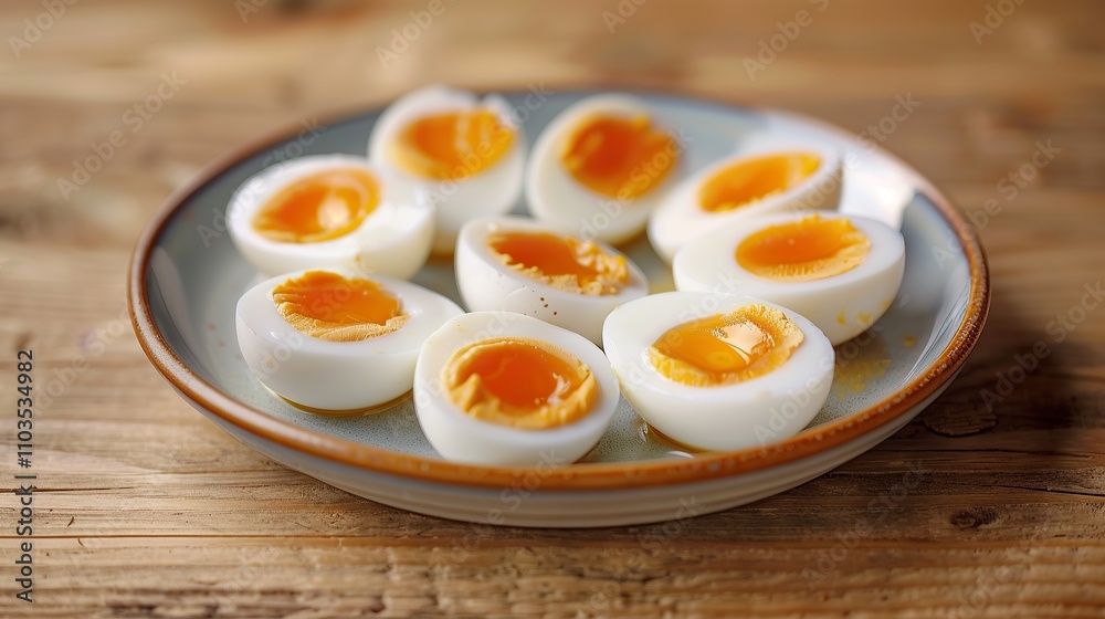 Cooked quail eggs in a plate on a wooden table Cooked quail eggs in a plate on a wooden table
