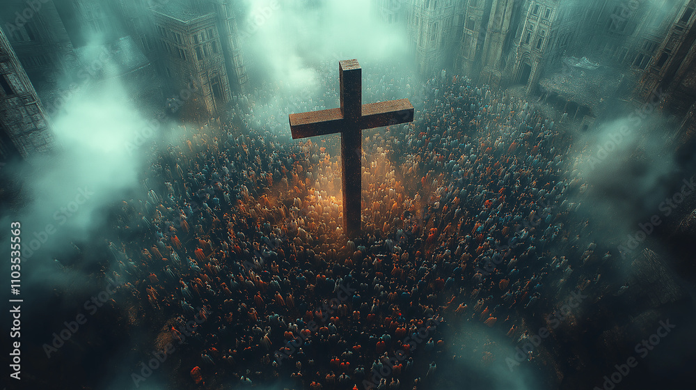 Fototapeta premium Christian believers there are a lot of people on the background of the cross Easter holiday