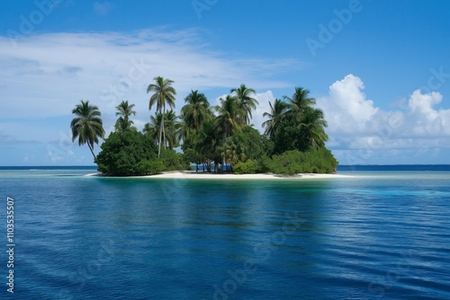 A small island with palm trees and a blue ocean. The island is surrounded by water and has a calm, peaceful atmosphere