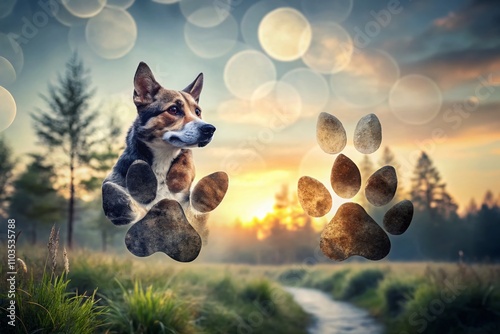 Double Exposure Photography of Dog and Cat Paw Prints on White Background, Showcasing Cute Silhouettes for Pet Lovers and Design Projects photo