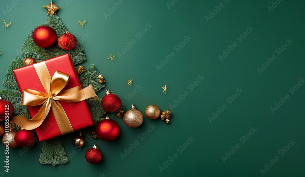 A top view festive red gift box wrapped in a golden ribbon lies on a green background shaped like a Christmas tree, surrounded by holiday ornaments. A top view festive red gift box wrapped in a golden ribbon lies on a green background shaped like a Christmas tree, surrounded by holiday ornaments.