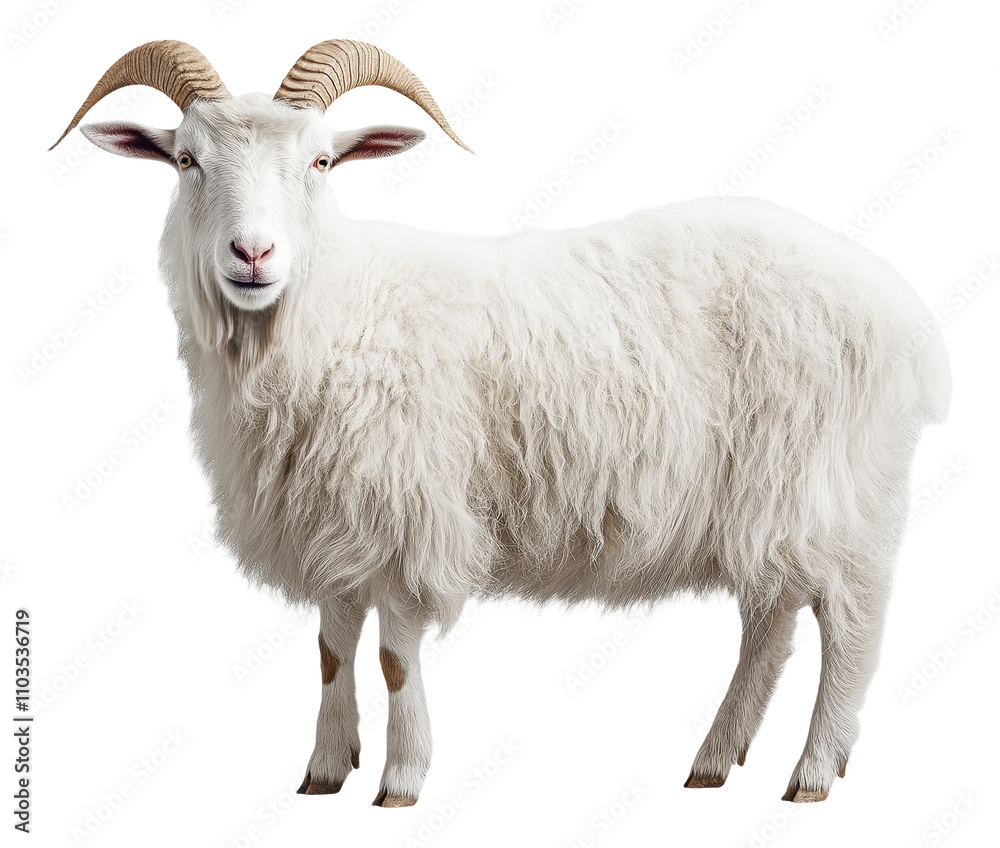 White goat with spiral horns standing against a white background White goat with spiral horns standing against a white background