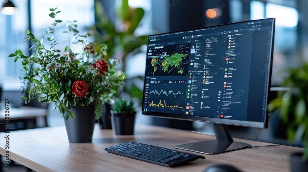 Finance data analytics dashboard displayed on computer monitor in a modern minimalist office workspace with potted plant and other office decor accessories on a wooden desk