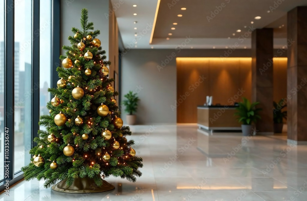 Christmas tree with gold ornaments in modern office lobby. Christmas and New Year concept. Christmas tree with gold ornaments in modern office lobby. Christmas and New Year concept.