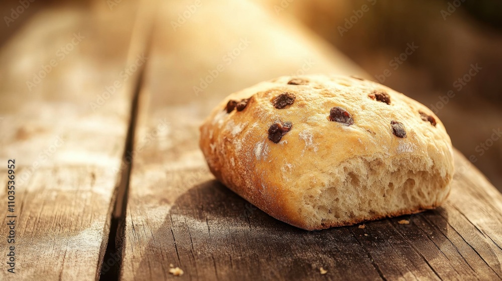 A unique loaf of bread with creative scoring placed on an aged wooden plank. A unique loaf of bread with creative scoring placed on an aged wooden plank.