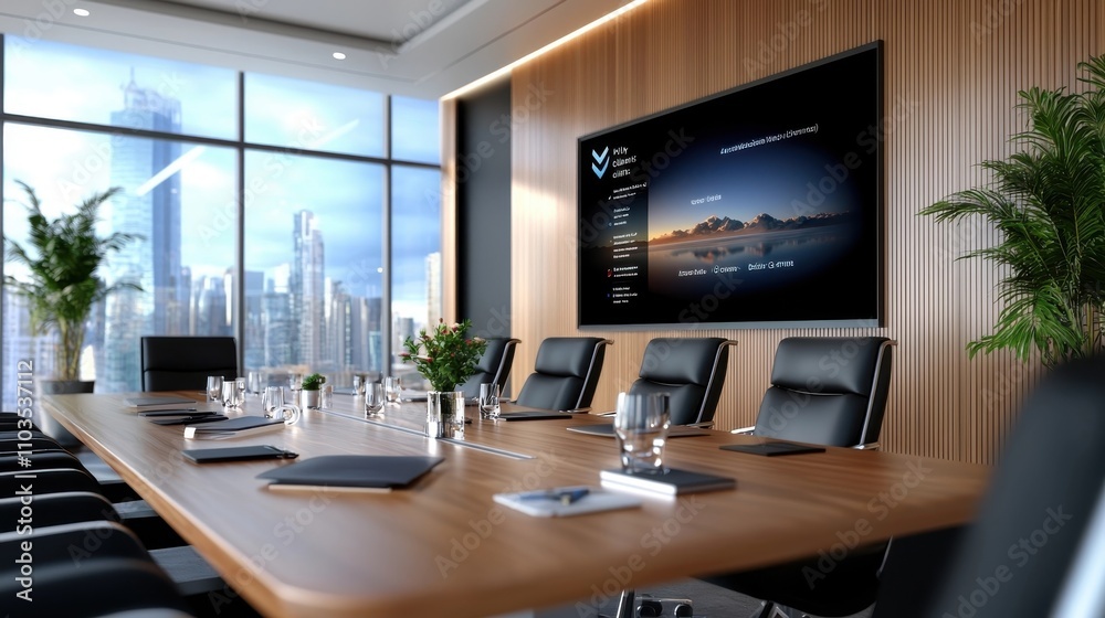 Spacious and sleek corporate meeting room with large wooden table comfortable chairs and panoramic city skyline view through floor to ceiling windows in a contemporary office setting Spacious and sleek corporate meeting room with large wooden table comfortable chairs and panoramic city skyline view through floor to ceiling windows in a contemporary office setting