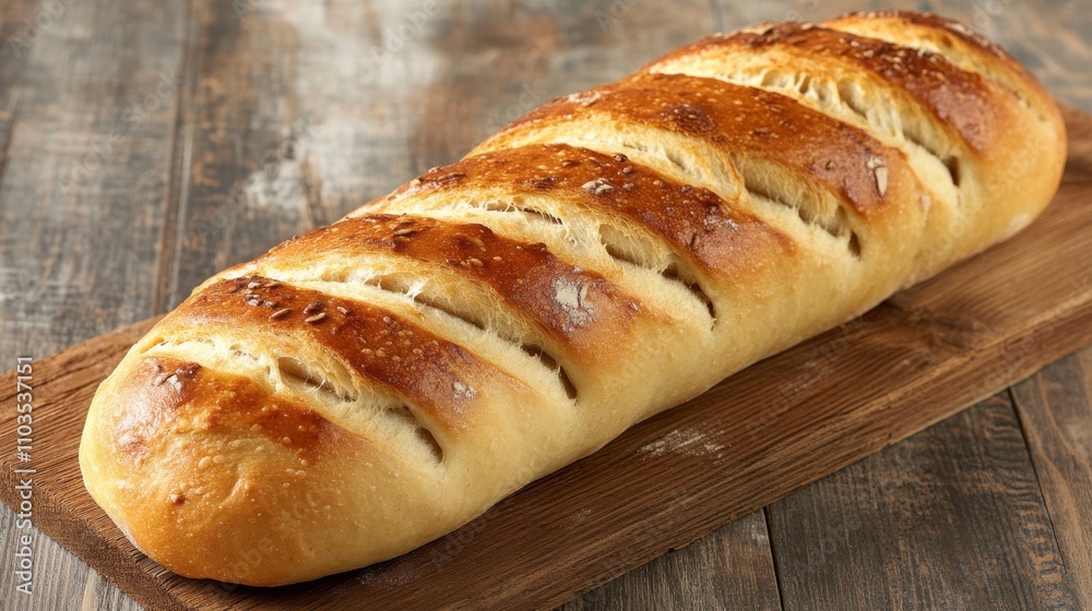 A unique loaf of bread with creative scoring placed on an aged wooden plank. A unique loaf of bread with creative scoring placed on an aged wooden plank.