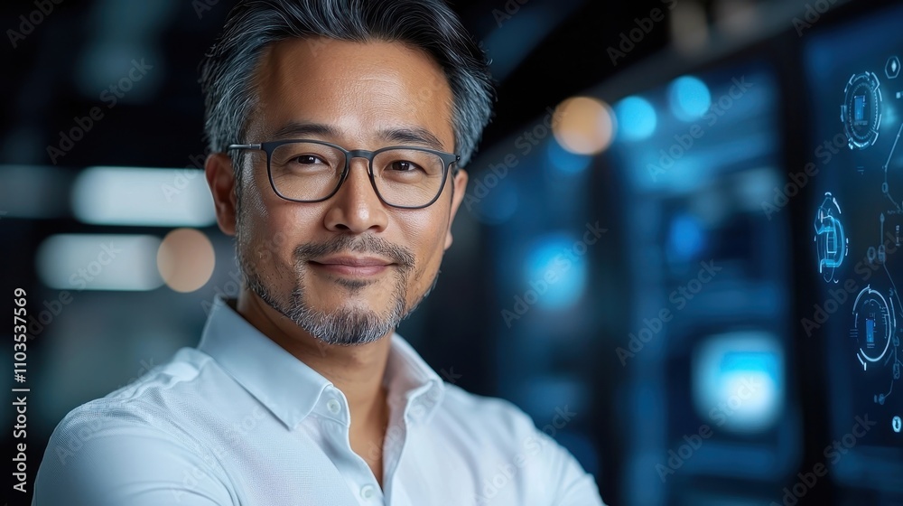 Smiling Asian Male Executive in Formal Attire Examining Digital Analytics and Data Visualization on Futuristic Virtual Interface Smiling Asian Male Executive in Formal Attire Examining Digital Analytics and Data Visualization on Futuristic Virtual Interface