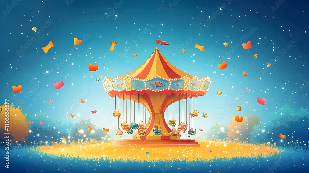 A carousel with a red and yellow top and a blue and yellow bottom A carousel with a red and yellow top and a blue and yellow bottom