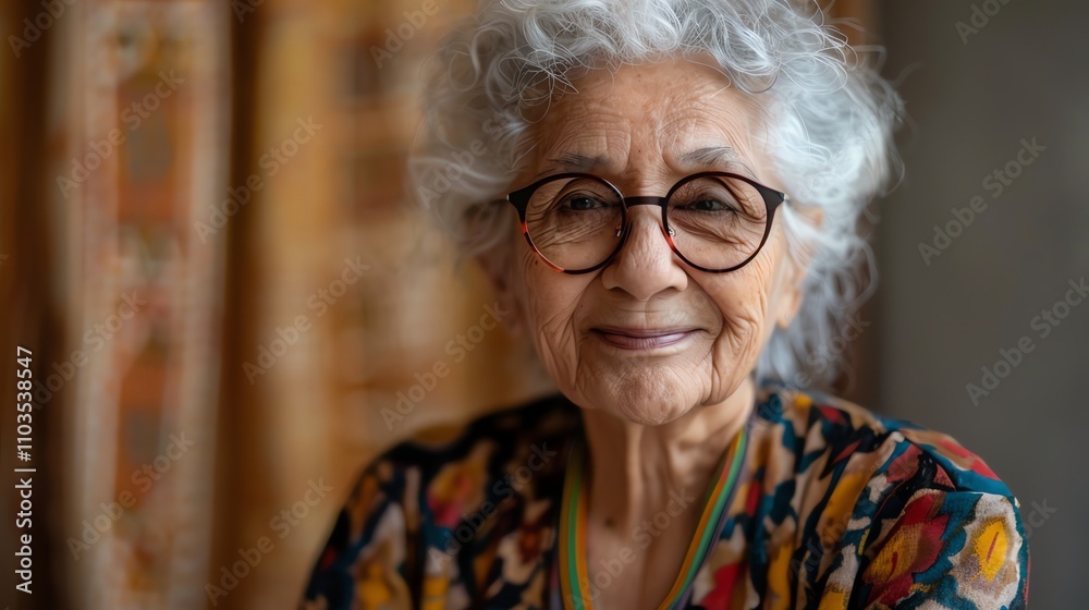 A close-up portrait of an elderly woman with grey hair and glasses, smiling gently. A close-up portrait of an elderly woman with grey hair and glasses, smiling gently.